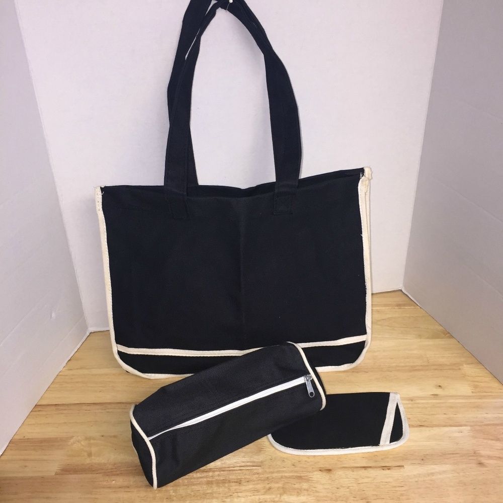 Women's Black w/White Trim 3 Piece Tote/Sundry/Sunglasses Bags
